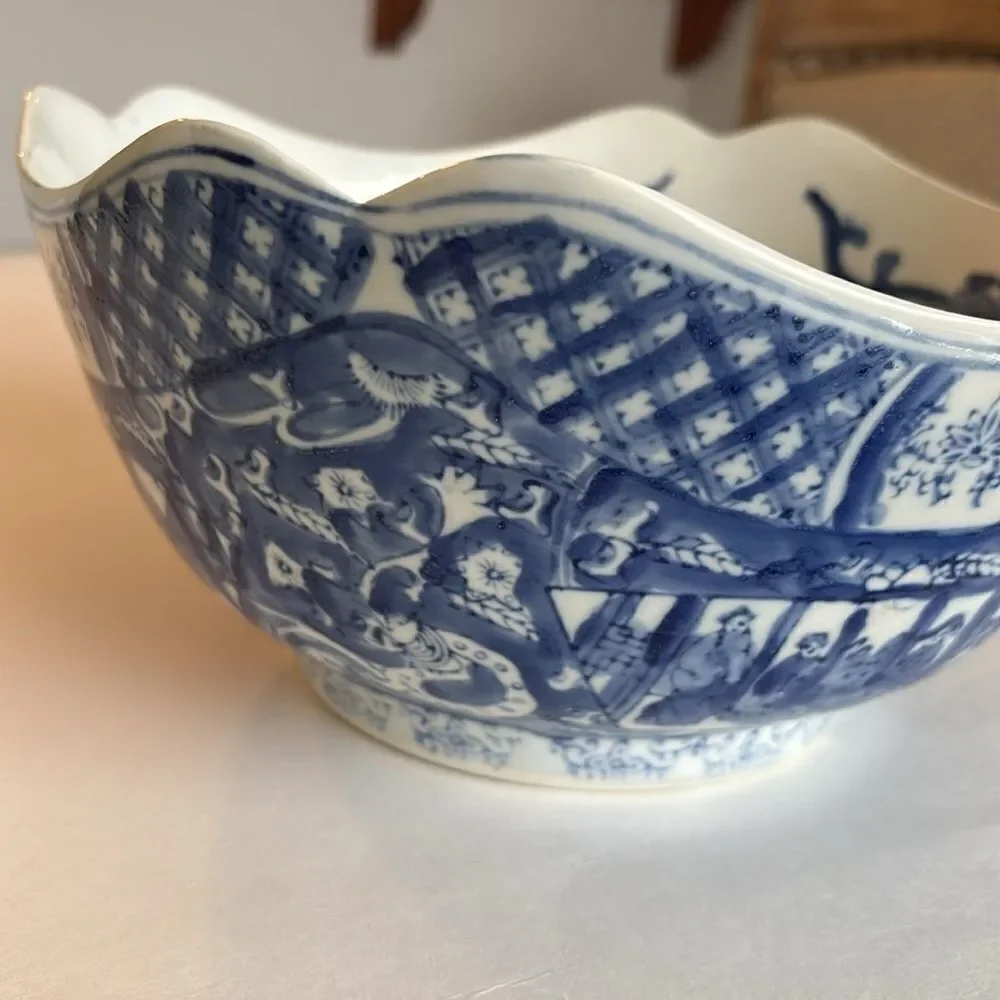 Williams Sonoma Vintage Asian Chinese Large Blue & White Porcelain Bowl 10”